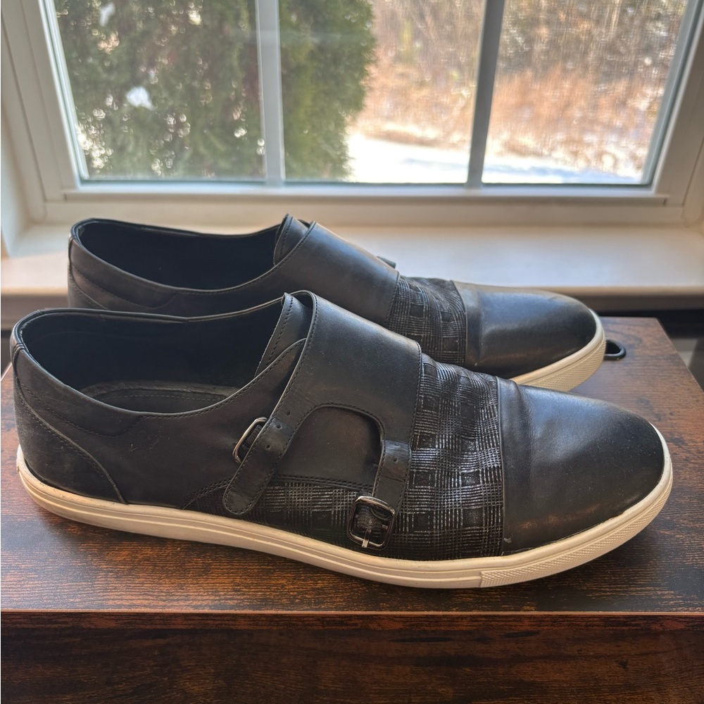 Men's Zanzara Double Monk Strap Black Leather Slip-On Shoes